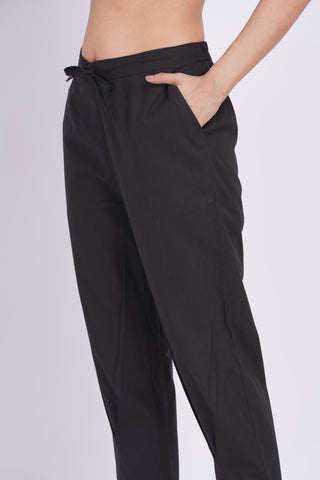 Linen Blend Cigarette Pants- Black