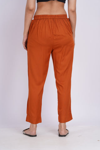 Cotton Blend Narrow Pants- Rust