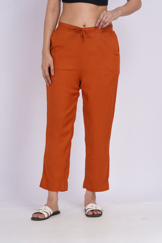 Cotton Blend Narrow Pants- Rust