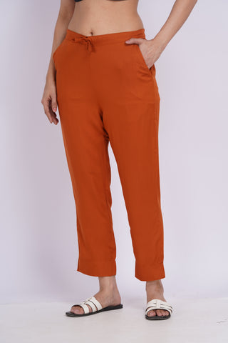 Cotton Blend Narrow Pants- Rust