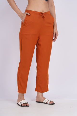 Cotton Blend Narrow Pants- Rust