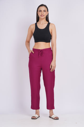 Cotton Blend Narrow Pants- Magenta