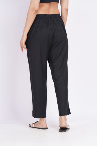Cotton Blend Narrow Pants- Black