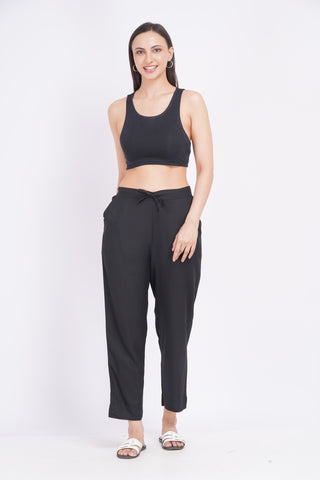 Cotton Blend Narrow Pants- Black