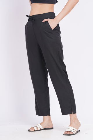 Cotton Blend Narrow Pants- Black