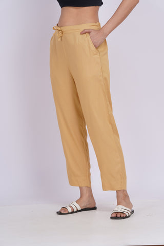Cotton Blend Narrow Pants- Beige