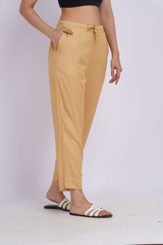 Cotton Blend Narrow Pants- Beige