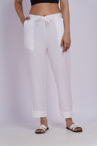 Cotton Blend Narrow Pants- White