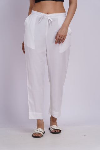 Cotton Blend Narrow Pants- White