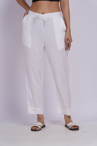Cotton Blend Narrow Pants- White