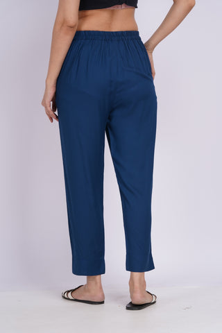 Cotton Blend Narrow Pants- Navy