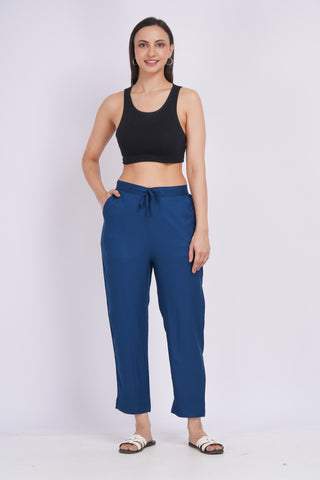 Cotton Blend Narrow Pants- Navy