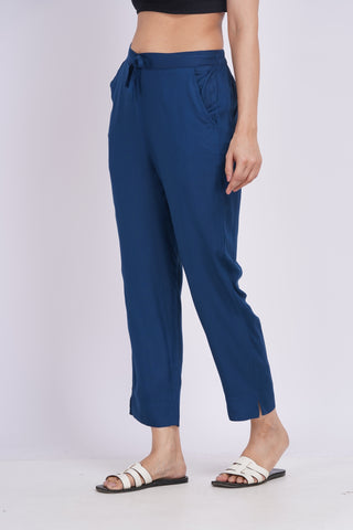 Cotton Blend Narrow Pants- Navy