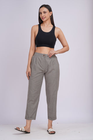 Linen Blend Box Pleat Pants- Grey