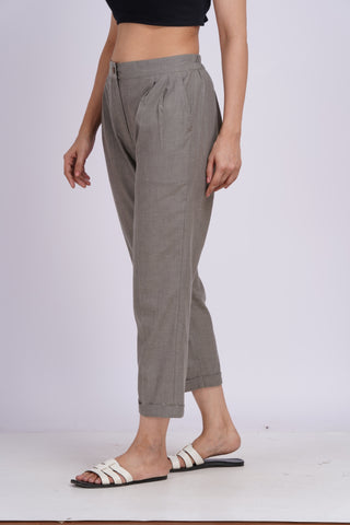 Linen Blend Box Pleat Pants- Grey