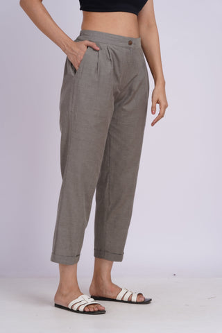 Linen Blend Box Pleat Pants- Grey
