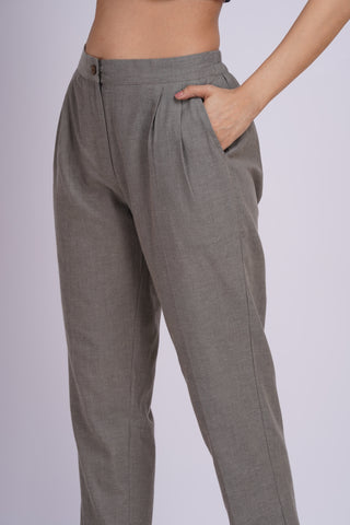 Linen Blend Box Pleat Pants- Grey