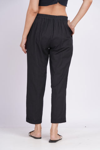 Linen Blend Box Pleat Pants- Black