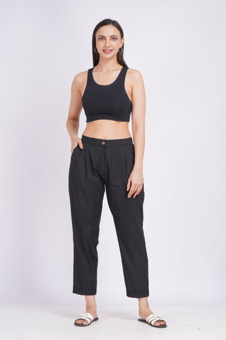 Linen Blend Box Pleat Pants- Black