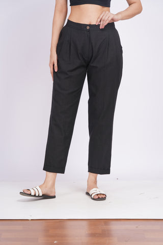 Linen Blend Box Pleat Pants- Black