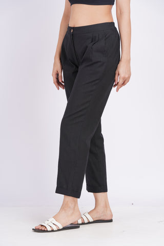Linen Blend Box Pleat Pants- Black