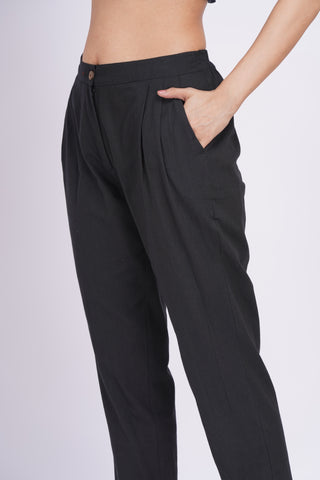 Linen Blend Box Pleat Pants- Black