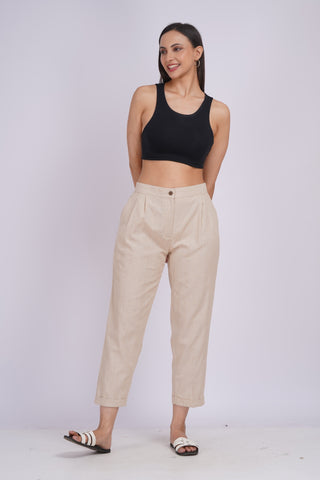 Linen Blend Box Pleat Pants- Beige