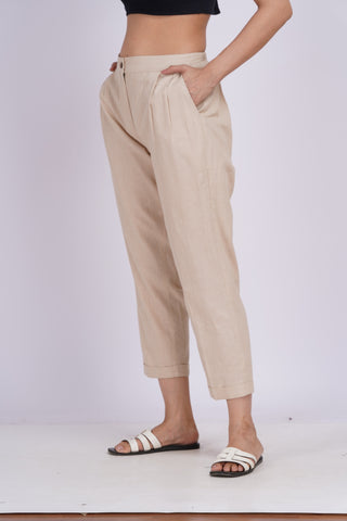 Linen Blend Box Pleat Pants- Beige