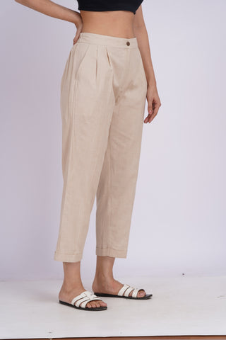 Linen Blend Box Pleat Pants- Beige
