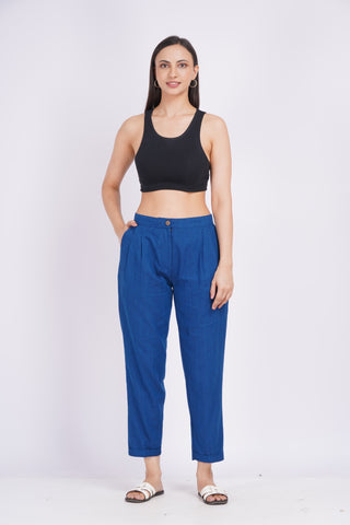 Linen Blend Box Pleat Pants- Navy