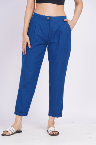 Linen Blend Box Pleat Pants- Navy