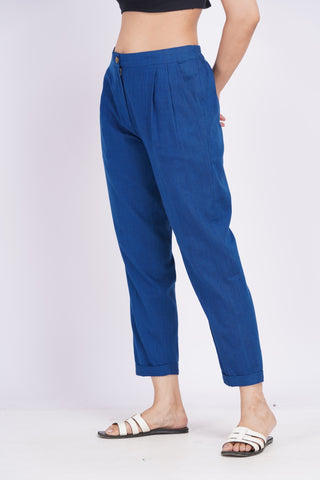 Linen Blend Box Pleat Pants- Navy