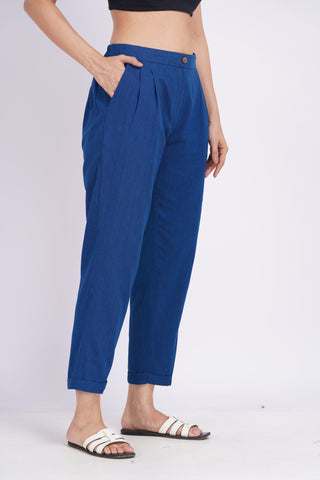 Linen Blend Box Pleat Pants- Navy