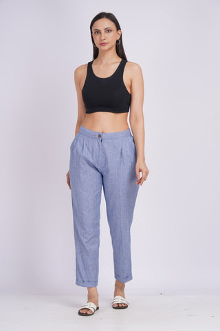 Linen Blend Box Pleat Pants- Denim Blue