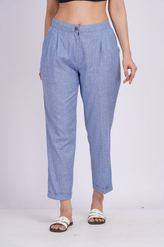 Linen Blend Box Pleat Pants- Denim Blue