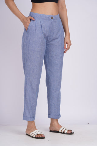 Linen Blend Box Pleat Pants- Denim Blue