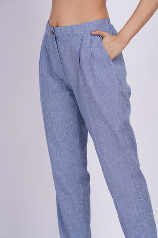 Linen Blend Box Pleat Pants- Denim Blue