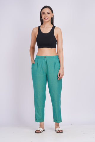 Linen Blend Box Pleat Pants- Rama Green