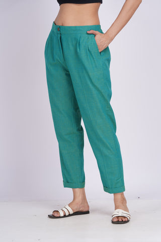 Linen Blend Box Pleat Pants- Rama Green