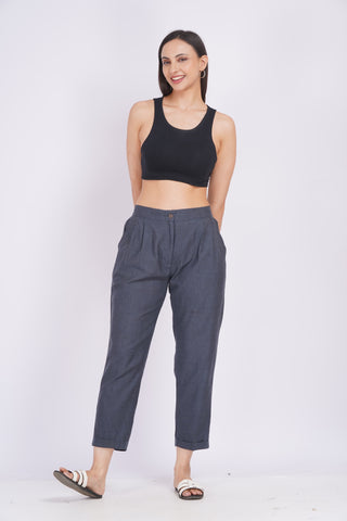 Linen Blend Box Pleat Pants- Charcoal Grey