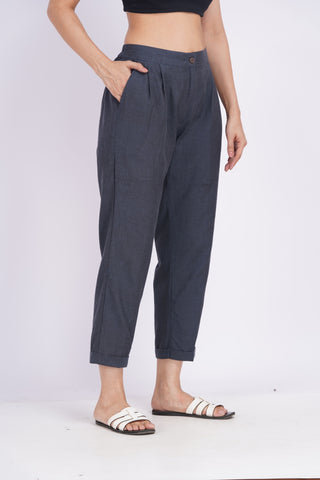 Linen Blend Box Pleat Pants- Charcoal Grey