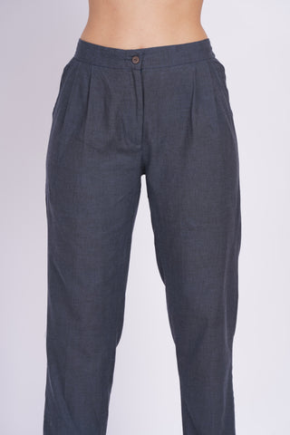 Linen Blend Box Pleat Pants- Charcoal Grey