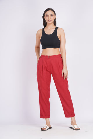 Linen Blend Box Pleat Pants- Red