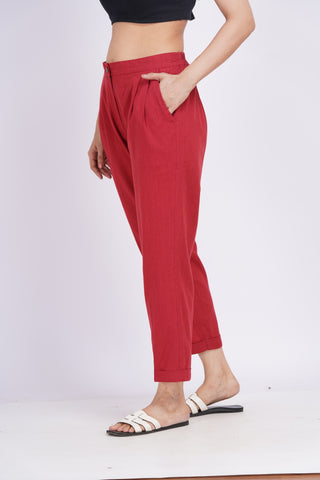 Linen Blend Box Pleat Pants- Red