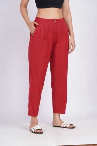 Linen Blend Box Pleat Pants- Red
