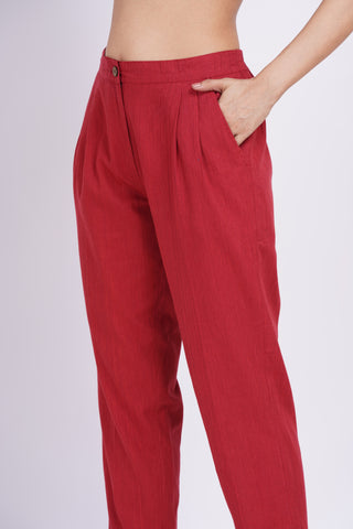Linen Blend Box Pleat Pants- Red