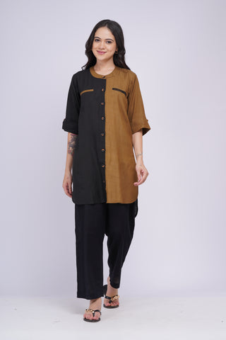 Kalyani Linen Set- Black Khaki