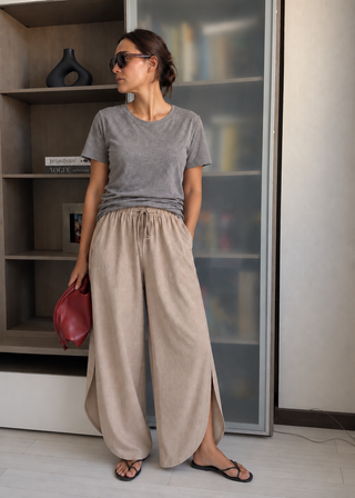 Side Slit Linen Casual Pants- Sand Brown