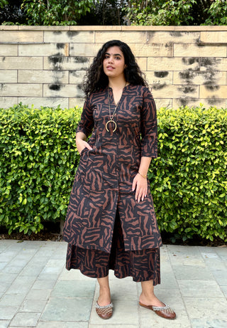 Kamala Abstract Culotte Kurta set- Brown