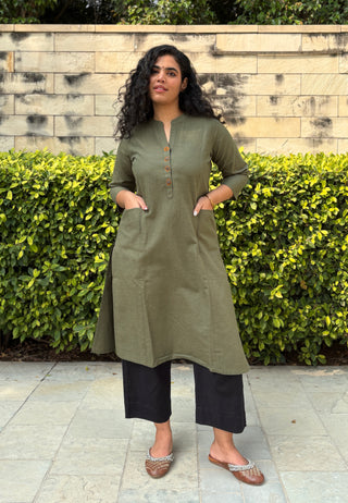 Sunflower Linen Pocket Kurta- Olive